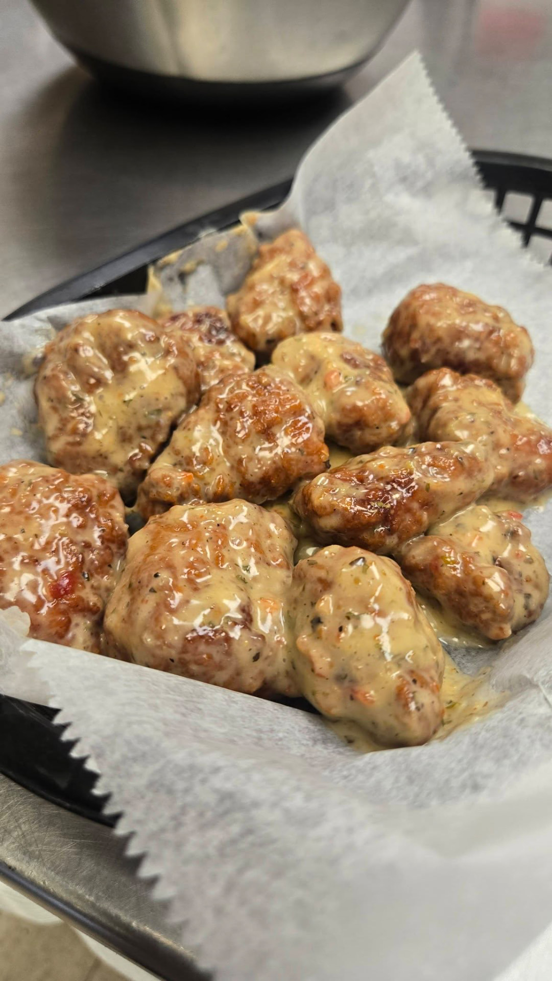 Boneless wings in a creamy Garlic Parmesan sauce